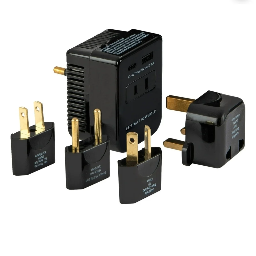 Travel Power Adapter & Converter Set Black 6 pieces w/ Travel Bag